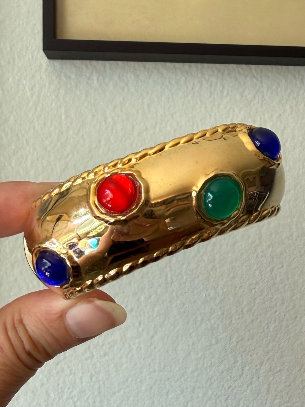 Vintage High Polished Gold-tone Bangle Colorful Glass Cabochons Red Green Blue